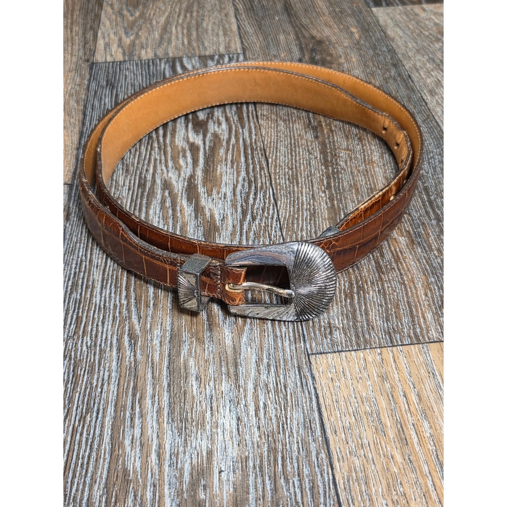 ONYX Mens Brown Crocodile Embossed Leather Western Ranger Belt Silver Buckle 42